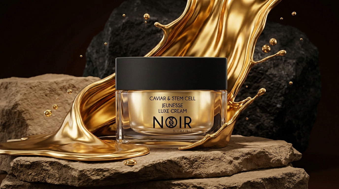 Noir premium packaging design with dark bottles and product boxes